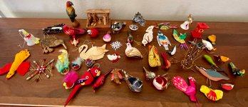 Large Lot Of Vintage Mexico Christmas Tree Ornaments - Painted Tin, Embroidered, Painted Birds, And More