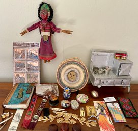 International Souvenirs - Antique Tin Oven, Hand Made Book Marks, Chile Coasters, Alaska Leather, Puppet