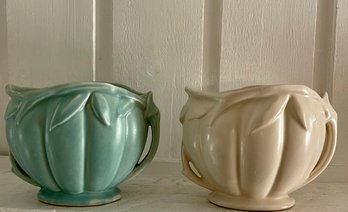 Pair  Of Vintage Nelson McCoy Pottery 1940's Leaves Pot Plant Vase - Aqua & Off White