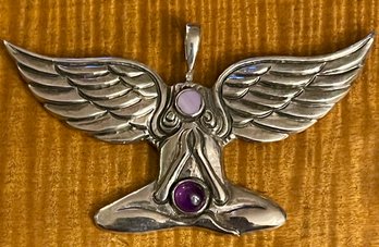 Sterling Silver - Amethyst & Lavender Jade Isis Winged Goddess Pendant - Total Weight - 20.4 Grams