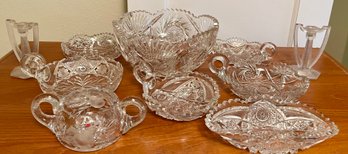 Antique Cut Crystal Sawtooth Bowls, Handled Dishes, Hawkes Gravic Glass Sugar Bowl, Candle Sticks, More