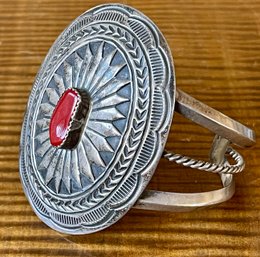 Stunning Wilbert Benally Stamped Sterling Silver And Coral Cuff Bracelet - Total Weight - 50.9 Grams