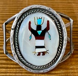 Navajo Sterling Silver Crown Apache Dancer Inlay Cuff Bracelet Signed N. R. B. MOP - Turquoise - Onyx - Coral