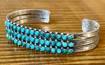 1930's Zuni 3 Row Snake Eye Turquoise Sterling Silver Cuff Bracelet - Total Weight 14.9 Grams