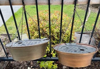 (2) Copper Tone Metal Hanging Plant Pots With Plastic Plant Watering Inserts