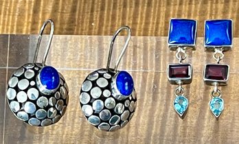2 Pairs Of Sterling Silver & Lapis Earrings - Wire And Post With Blue Topaz And Garnet - Weight 20.9 Grams