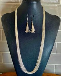 Gorgeous Native American 30 Strand Liquid Sterling Silver Bead 30' Necklace And Matching Earrings - 49.8 Grams