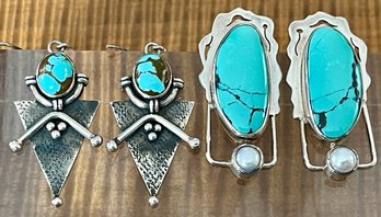 Two Pairs Of Sterling Silver Earrings - One Turquoise & One Turquoise & Pearl - Total Weight