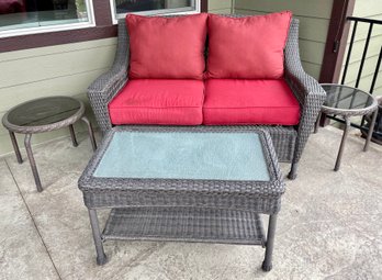 Northlight Brown Resin Wicker Patio Love Seat With 2 Round Side Tables And A Glass Top Coffee Table