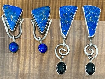 Two Pairs Of Sterling Silver - Lapis & Onyx Earrings - Total Weight - 16.9 Grams