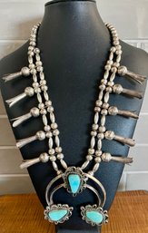 Stunning Old Pawn Squash Blossom Double Strand Necklace With Turquoise Pendant - 150 Grams