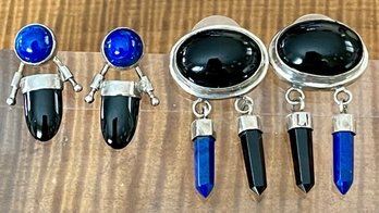 2 Pairs Of Sterling Silver - Blue Lapis & Black Onyx Earrings - Total Weight 24.3 Grams