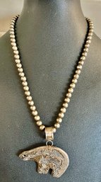 Wayne Etsitty Navajo Sterling Silver Bear Pendant W 18' Graduated Round Sterling Silver Bead Necklace