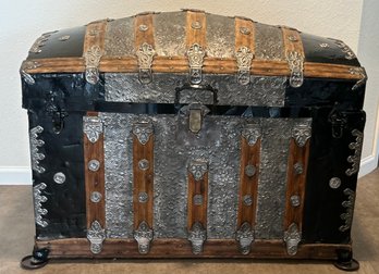Antique Decorative Steamer Trunk With Metal Trim And Leather Handles