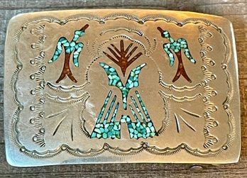 Nakai Native American Silver, Turquoise & Coral Chip Belt Buckle - 40.6 Grams Total