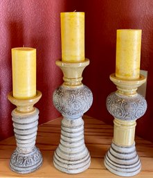 (3) Pottery Candle Holders With Pier One Ember Candles