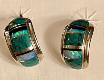 A Francisco Navajo Sterling Silver - Blue Opal - Turquoise - Onyx Post Earrings - 9.3 Grams