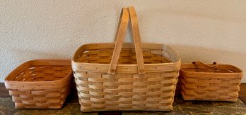 (3) Vintage Longaberger Baskets - Picnic Handled, Wall Basket With Leather Handle, Square