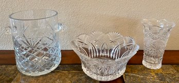 Crystal Wine Bucket, Crystal Bowl, And Etched Crystal Vase