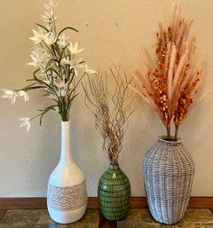 Pier One Pottery Vase With Faux Flowers, Green Pottery Vase, And Wicker Vase With Faux Plants