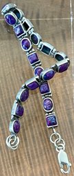 Sterling Silver & Sugilite Square & Oval Panel 7.5' Inch Bracelet Stamped S E - Total Weight 13 Grams