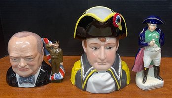 (3) Vintage Mugs And Figurine - Army Forces Churchill, Antique Staffordshire Napoleon, And More