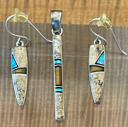 Kenneth Bitsie Navajo Earrings - Opal - Tigers Eye - Sheryl Martinez Navajo Pendant - Blue Opal - Tigers Eye