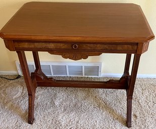 Antique Eastlake Walnut Library Table With Burled Walnut Front And Single Drawer