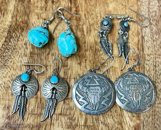 4 Pairs Of Southwest Sterling Silver And Silver Tone Earrings - Turquoise - 1 Pair Stamped Sterling
