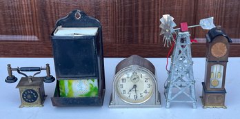 Vintage Lot - Westclox Alarm, Match Holder, Wind Mill, Brass Phone, & Clock
