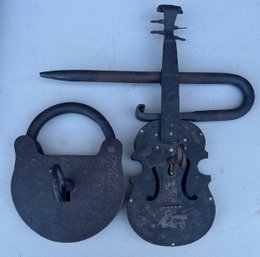 Pair Of Vintage Giant Metal Decorative Locks With Keys