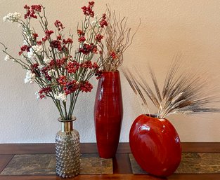 (2) Spun Bamboo Eco Friendly Red Vases And An Art Glass Vase With Faux Plants