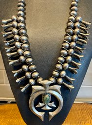 Early Navajo Sterling Silver Bench Bead Tufa Sandcast HUGE Naja SQUASH BLOSSOM Necklace Turquoise -  232 Grams