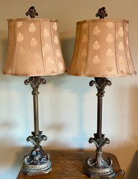 2 Vintage 36 Inch Scroll Pull Chain Lamps With Pattern Shades