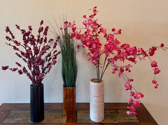 (2) Pottery Vases And (1) Resin Vase With Faux Plants