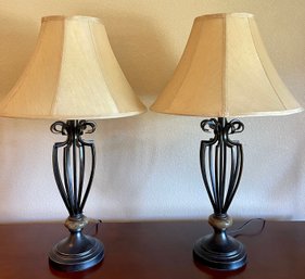 (2) Black Iron And Pottery Base Lamps With Lamp Shades