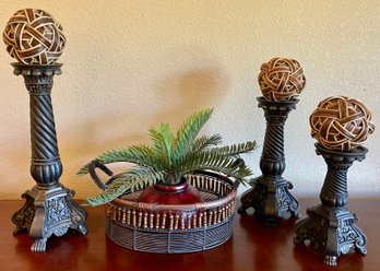 (3) Resin Candle Holders With Wicker Balls And Pier 1 Faux Plant In Bead And Metal Basket