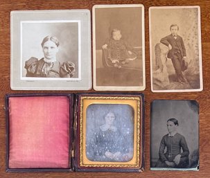 (2) Antique Tintype Photographs With (3) Paper Photographs With Writing