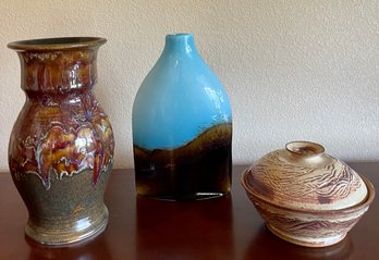 Studio Pottery Vase And Covered Bowl, And A Pier 1 Art Glass Vase