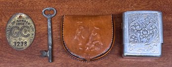 Vintage Park Industries Silver Tone Cigarette Case, Skeleton Key, Leather Coin Purse, & Garden City Key Tag
