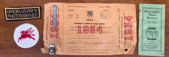 1954 Resident's Licence To Hunt Moose, US Army And Mobil Pegasus Patches, & Mineralogist's Pocket Reference