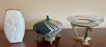 Studio Pottery Enclosed Vase On Metal Stand, Lenox Ivory Rose Vase, And A Crackle Glass Bowl With Brass Base