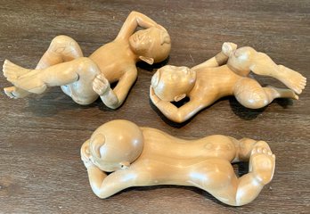 3 Hand Carved Bali Wood Baby Boy Figurines