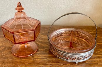 Pink Depression Glass Lidded Etched Flower Candy Dish & Divided Dish With Silver Plate Holder