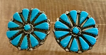 Vintage Sterling Silver Turquoise Petite Point Native American Clip On Earrings