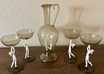 Fritz Lampl  - Lauscha Bimini - Art Deco Liqueur 5 Piece Set With Decanter And 4 Glasses