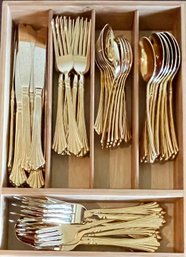 Set Of WM Rogers And Son Gold Tone Silverware - Knives, Forks, Spoons, Serving Pieces