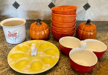 Holiday Dishware - Bunny Egg Plate, (2) Covered Pumpkins, Threshold Condiment Bowl, West Germany, And More