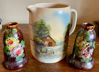 Antique Hand Painted Pottery Farm Scene Jug Pitcher, (2) Bennington Stoneware Vermont Painted Vases