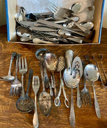 Box Of Assorted Silver Plate And Stainless Steel Silverware And Serving Pieces - Oneida, Reed & Barton, Etc.